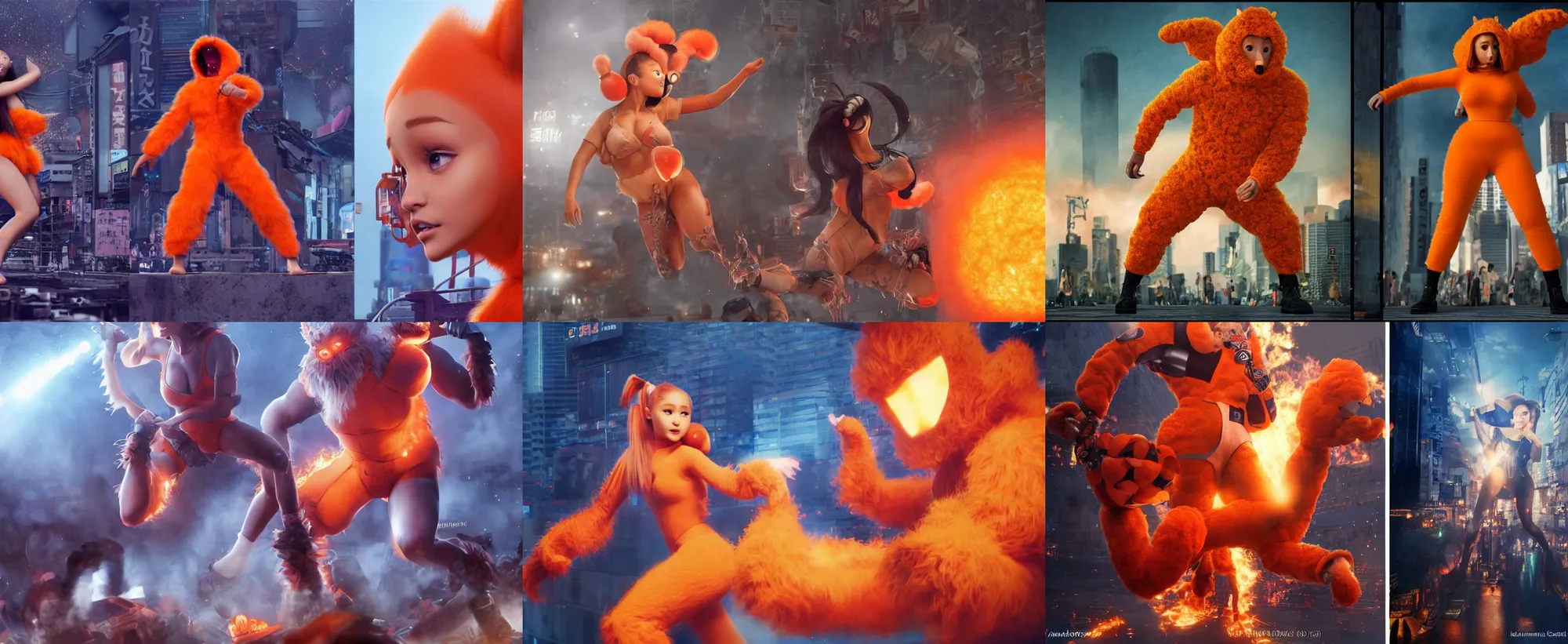 Image similar to ultrarealistic giant ariana grande wearing orange monster chicken suit vs jason statham in tokyo by yusuke murata, explosions, octane render, character concept art, movie action still frame, cinematic lighting, volumetric lighting, extreme intricate details, artstation, dnd art, cgsociety, sharp focus, ultra wide angle, digital painting by artgerm, gerald brom, wlop