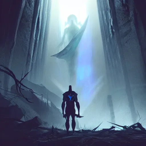 Prompt: Concept art of a futile human approaching a giant majestic ethereal sentinel king wielding a mythical blade in the abandoned ruins, sharp, high detail, contrast between darkness and light, good versus evil, cinematic lighting, vibrant colors, photorealism, terror, hysterical, horrifying, digital art, destruction, the void, ominous, octane render, fear, very detailed, evil, trending on artstation, intricate details, high definition, 16k, Artstation, by Greg Rutkowski, Ilya Kuvshinov, WLOP, Stanley Artgerm Lau, Ruan Jia and Fenghua Zhong