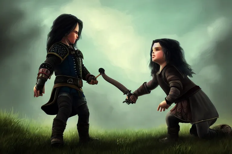 Image similar to Little Geralt and little Yennefer play together, Yennefer uses magic, digital art by greg rutkowsky, masterpiece, balanced colors HD