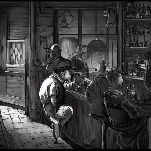 Image similar to the bartender tells the client a story about how he was robbed by a clown a medieval town in the style of kentaro miura, 4 k, 8 k, absolute detailing of even the smallest details and particles, beautiful shadows, beautiful art, black and white drawing