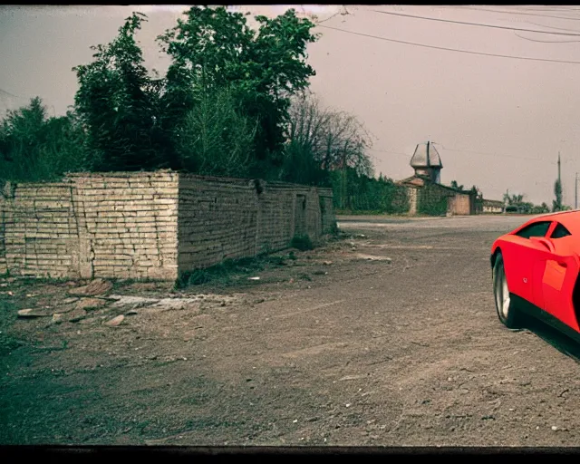 Image similar to a lomographic photo of lamborgini standing in typical soviet yard in small town, hrushevka on background, cinestill, bokeh