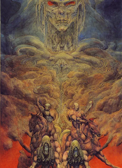 Image similar to four horsemen of apocalypse, psx game graphics , painting by Beksinski and Moebius and Takato Yamamoto, by William Blake, Austin Osman Spare, high resolution, ultra detailed