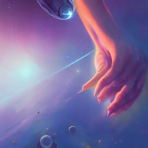 Image similar to a beautiful, powerful woman sitting in space, reaching her hand out toward the camera, emanating magic from her palms, extreme closeup!!!!! image, cgsociety contest winner, illustrated by mike beeple winklemann, greg rutkowski, and gaston bussiere, space art, portrait art, artstation, 4 k, 8 k