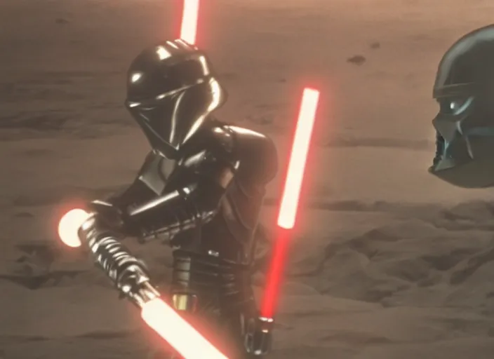 Image similar to screenshot of the jedi sithtrooper droid with lightsaber arms, iconic scene from the lost Star Wars film, Shadows Of the Empire, 1990 directed by Stanely Kubrick, lens flare, moody cinematography, with anamorphic lenses, crisp, detailed, 4k