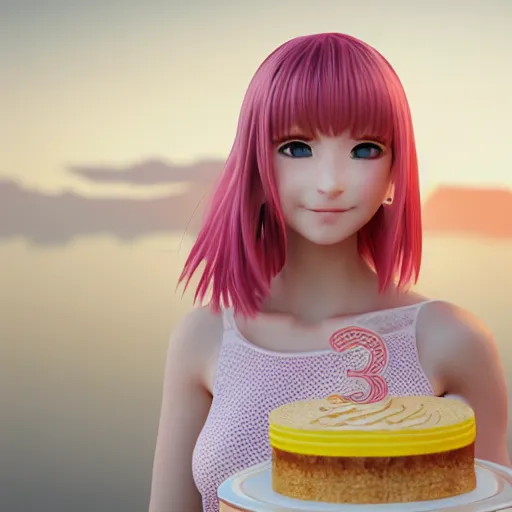 Image similar to Render of a beautiful 3d anime woman holding a birthday cake to show the camera, long light pink hair, full bangs, hazel eyes, cute freckles, full round face, smug smile, Chinese heritage, cute checkerboard sundress, golden hour, serene beach setting, medium shot, mid-shot, hyperdetailed, trending on Artstation, Unreal Engine 4k