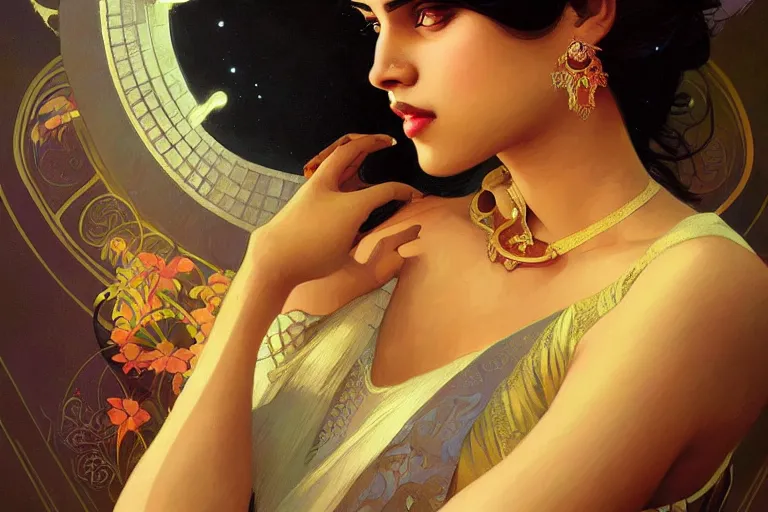 Image similar to sensual bengali girl, art deco portrait, elegant, intricate, digital painting, artstation, concept art, smooth, sharp focus, illustration, art by artgerm and greg rutkowski and alphonse mucha