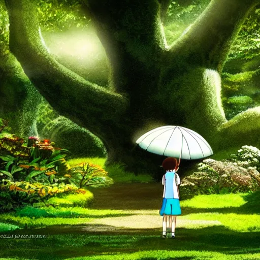 Image similar to Tiny human using leaf as an umbrella in giant grandiose garden, by Studio Ghibli, cinematic, glare effects