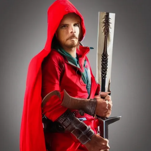Prompt: full shot photo of red riding hood warrior with weapons