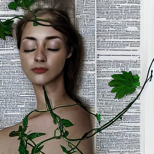 Prompt: “ very photorealistic photo of vines growing out of a woman ’ s book as she sleeps, award - winning details ”