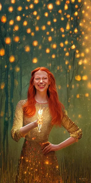 Image similar to a totally amazed smiling fit woman surrounded by golden firefly lights in a mesmerizing scene, sitting amidst nature fully covered! intricate detailed dress, long loose red hair, precise linework, accurate green eyes, small nose with freckles, beautiful smooth oval head, expressive emotions, hyper realistic ultrafine portrait by artemisia gentileschi, jessica rossier, boris vallejo