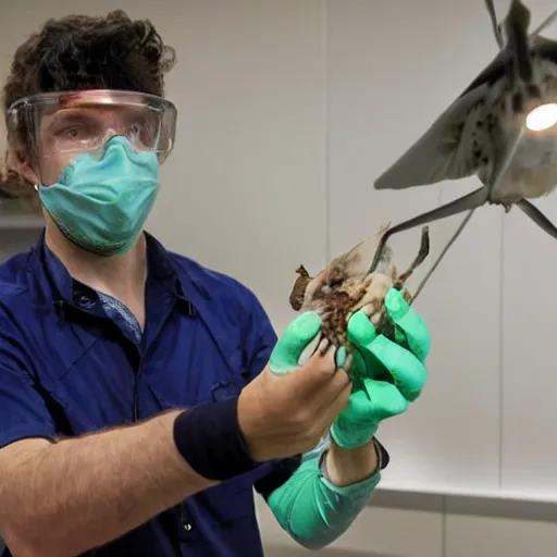 Image similar to a scientist shows off his captive live specimen that is the funniest thing in the world. the room the scientist is in is full of news reporters laughing hysterically while holding cameras and microphones.