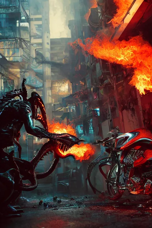 Image similar to The Ghost Rider fights a fire-breathing xenomorph in the back alley of a cyberpunk city, burning trash flies through the air, splattered blood. Realistic, octane render, trending on ArtStation.