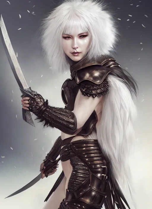 Image similar to warrior, fur leather armor!!! beautiful and elegant white hair female!! gorgeous ayes!! character concept art, sharp focus, octane render! unreal engine 5! highly rendered!! trending on artstation!! detailed linework!! illustration by artgerm, wlop, and chie yoshii