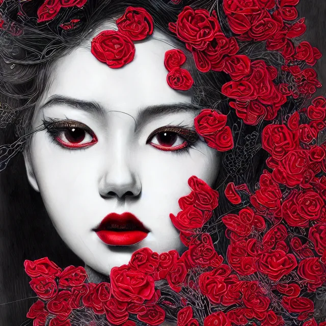 Image similar to studio portrait absurdly beautiful, elegant, graceful, young hypercolorful contrast black gravure idol rubies and red petals, ultrafine hyperrealistic detailed face illustration by kim jung gi, irakli nadar, intricate linework, sharp focus, bright colors, matte, octopath traveler, final fantasy, unreal engine highly rendered, global illumination, radiant light, intricate environment