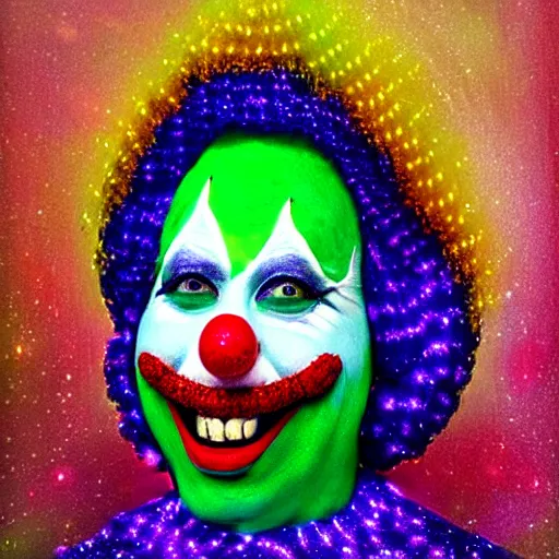 Image similar to UHD photorealistic Cosmic Corn on The Cob wearing a clown costume with real clown makeup in the style of tonalism