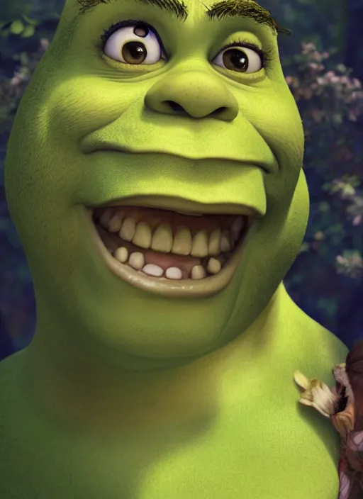 Image similar to portrait of shrek as a disney princess, au naturel, hyper detailed, digital art, trending in artstation, cinematic lighting, studio quality, smooth render, unreal engine 5 rendered, octane rendered, art style by klimt and nixeu and ian sprigger and wlop and krenz cushart.