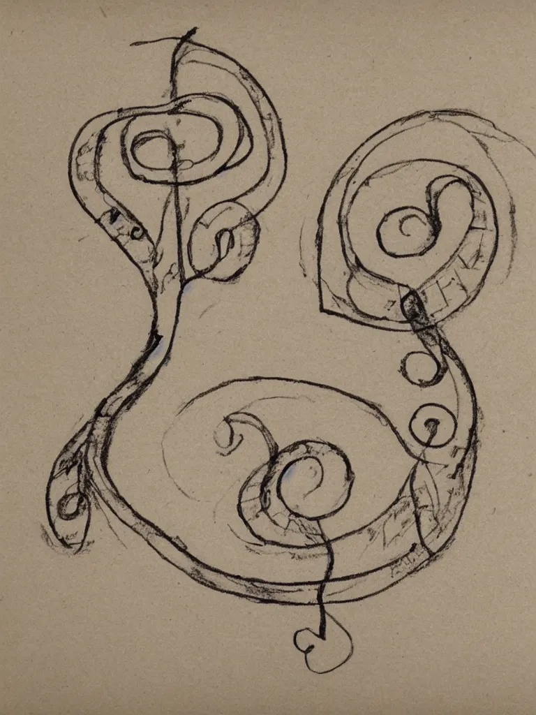 Image similar to a sketch of an acorn that turns into a tree in the shape of a treble clef with a perceptual edge in the middle, single line drawing