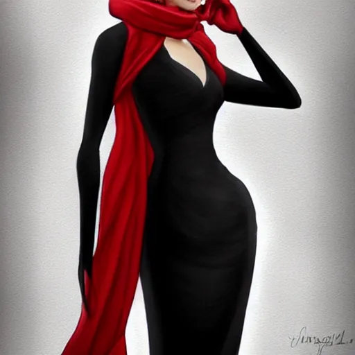 Image similar to beautiful woman in a black dress, full length photo, wearing a white hat and a red scarf, head bowed slightly, looking mischievously and mysteriously at the camera, wavy blond hair, knees upturned, very beautiful woman, 4k highly detailed, digital painting, artstation, concept art, matte, sharp focus, illustration, art by Artgerm and Greg Rutkowski and Alphonse Mucha