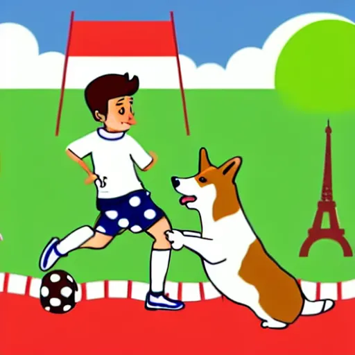 Image similar to illustration of french boy in paris playing football against a corgi, the corgi is wearing a polka dot scarf