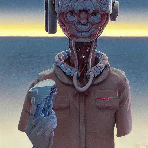Image similar to unsettling, noble rubbery albino with thin lips, huge eyes and suspicious expression, wearing science fiction police uniform by docks at sunset, by deak ferrand, wayne barlowe, simon stalenhag, and greg rutkowski