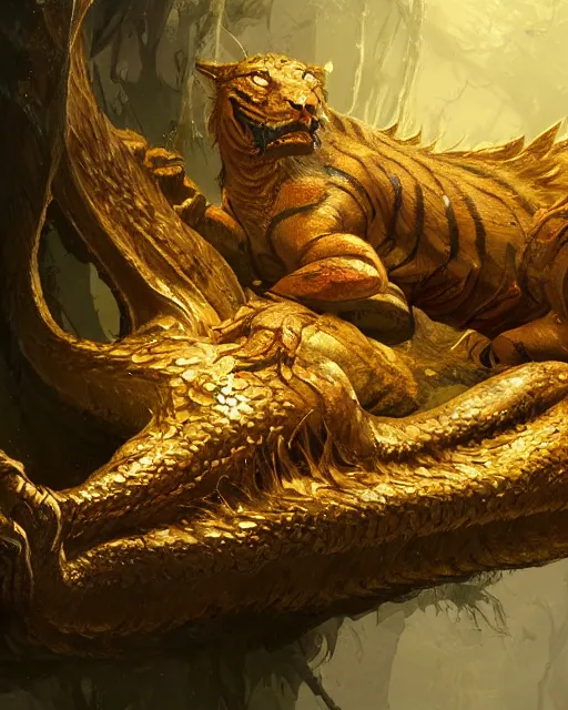 Prompt: A golden tiger resting, dragon body, highly detailed, fantasy art, monster art, in the style of greg rutkowski, illustration, epic, fantasy, intricate, hyper detailed, artstation, concept art, smooth, sharp focus, ray tracing