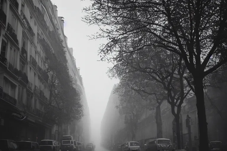 Prompt: paris street with lovecraftian god above the city floating in the sky, foggy, stranger things photo wide shot 3 5 mm