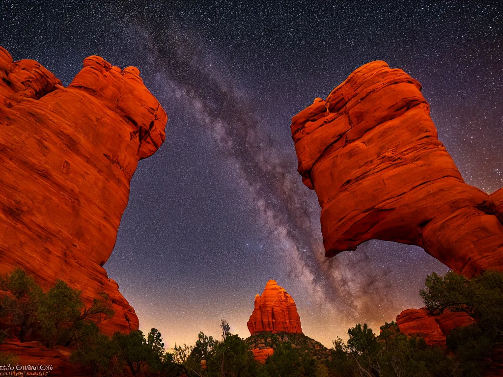 Image similar to sedona's cathedral rock bluff, night, milky way, intricate lines, elegant, extreme detail, sharp focus, photo realistic, ultra realistic, photographic