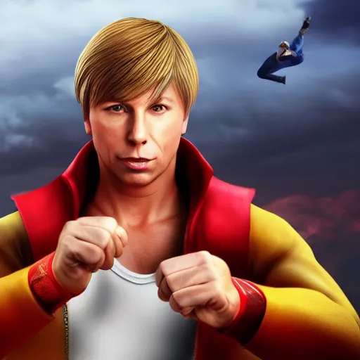 Prompt: jack mcbrayer as ken masters from street fighter, kicking midair, photography, 4 k, ultra realistic, highly detailed,