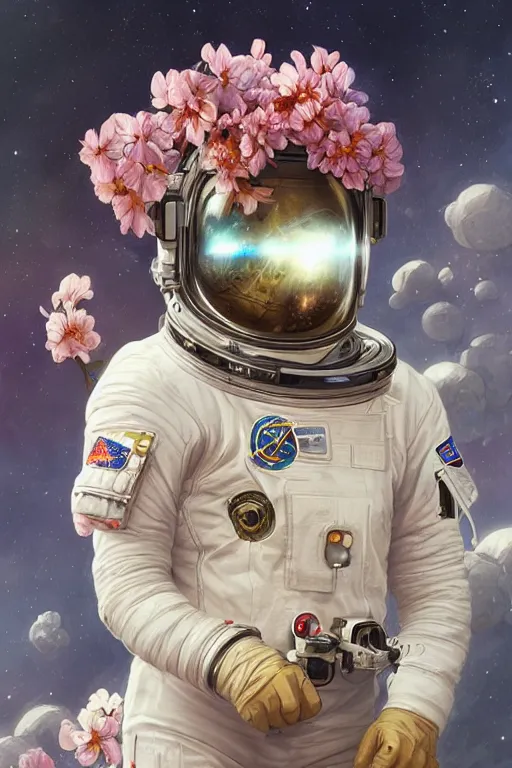 Prompt: ultra realistic illustration, astronaut in space with flowers blossoming from helmet, elegant, highly detailed, digital painting, concept art, smooth, sharp focus, illustration, art by artgerm and greg rutkowski and alphonse mucha