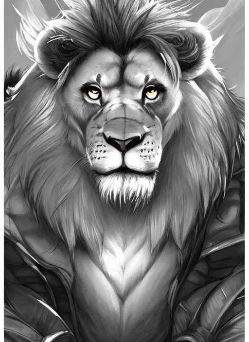Image similar to award winning beautiful portrait commission art of a buff male furry anthro lion fursona with a cute beautiful attractive detailed furry face wearing gym shorts and a tanktop. Character design by charlie bowater, ross tran, artgerm, and makoto shinkai, detailed, inked, western comic book art