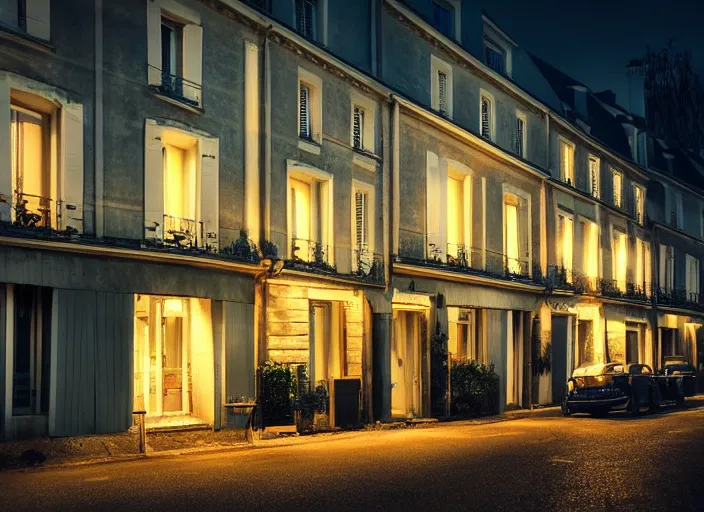 Prompt: small suburban houses in Paris at night inspired by Edward Hopper, Photographic stills, photography, fantasy, moody lighting, dark mood, imagination, cinematic