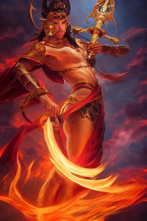 Image similar to a masterpiece portrait of nezha, legendary god holding spear, flame everywhere, epic pose, fantasy character portrait, closeup shot, hyper detailed, digital painting, 8 k realistic, trending on artstation, sharp focus, dof, by fenghua zhong, artgerm, ne zha from smite, jeff easley, raymond swanland