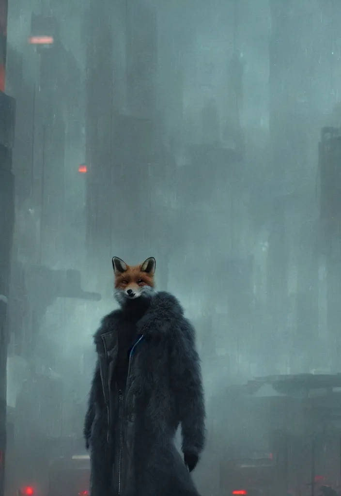 Image similar to anthro fox furry in Blade Runner: 2049, wearing a leather uniform, city streets, fursona, anthropomorphic, furry fandom, film still