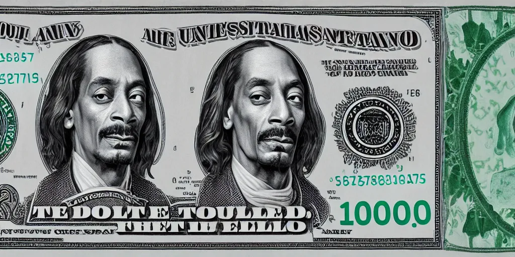 Image similar to a thousand dollar us bill featuring snoop dogg