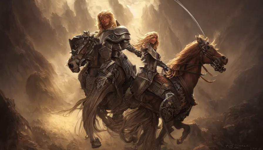 Image similar to portrait, handsome long - haired male fantasy paladin in shining armor on an armored horse, blond, rpg game, stern expression, main character, detailed, digital painting, artstation, sharp focus, illustration, artgerm, tomasz alen kopera, peter mohrbacher, donato giancola, joseph christian leyendecker, wlop, frank frazetta