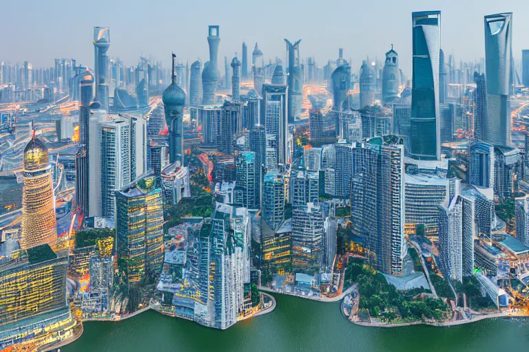 Prompt: 4 k hd, high detail photograph of shanghai cityscape, ultra wide shot, shot with sigma f / 4. 2, 2 5 0 mm sharp lens, consistent, high detailed light refraction, high level texture render