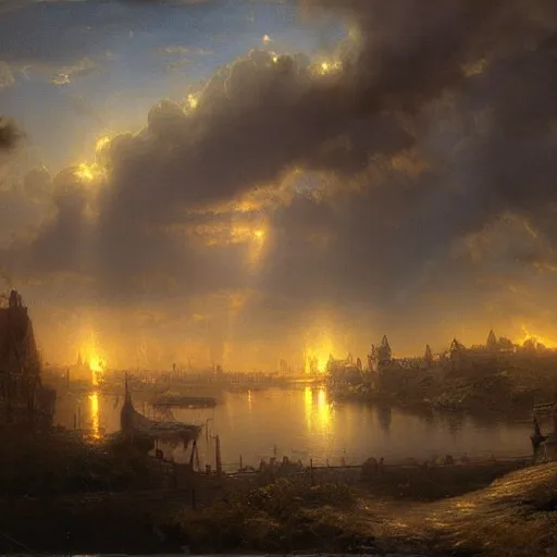 Prompt: detailed painting of lake town from lord of the rings retroscifi interior, volumetrics lights, beam of bright lights through the clouds, andreas achenbach