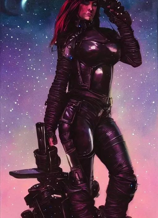 Prompt: portrait of female space pirate, night sky background, beautiful! coherent! by brom, deep color, strong line, high contrast