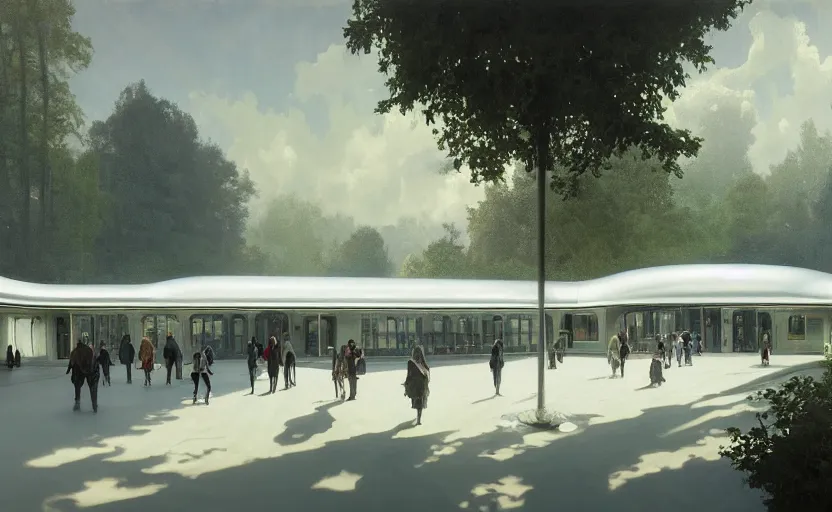 Prompt: painting of a wide angle exterior shot of a white modern futuristic utopian train station in the middle of an english garden with cinematic lighting by peter zumthor and renzo piano, darek zabrocki and greg ruthkowski, alphonse mucha, simon stalenhag and cinematic and blue cold atmospheric, archillect concept art, artstation, trending on artstation