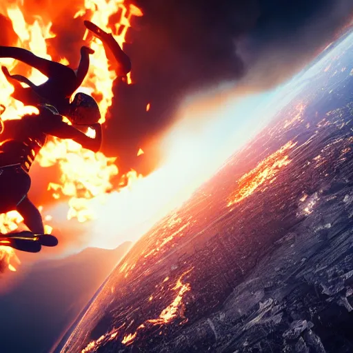 Image similar to prometheus skydiving midair action shot with the fire in one hand the other hand streched to prevent a collission. concept art octane render hyperrealistic unreal engine