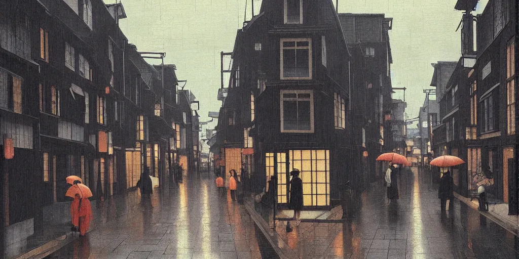 Prompt: a typical japanese city street in the rain, vermeer painting, dark academia aesthetic, matte painting