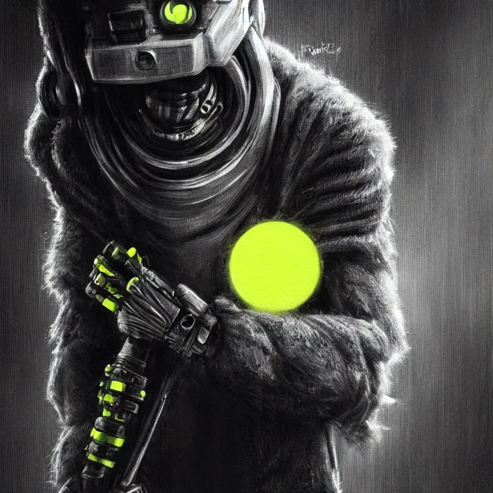 Image similar to cinematic portrait of a cute tennis ball monster, cyberpunk, bladerunner, chalk, masterpiece, trending on artstation, featured on pixiv, cinematic composition, dramatic pose, beautiful lighting, sharp details, hyper - detailed, hd, hdr, 4 k, 8 k, art by basil gogos