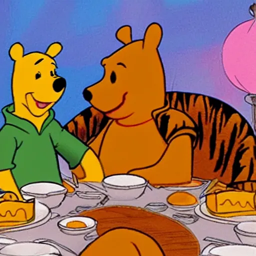 Prompt: Winnie the Pooh invites Tiger and Piglet to dine in a very fancy restaurant.