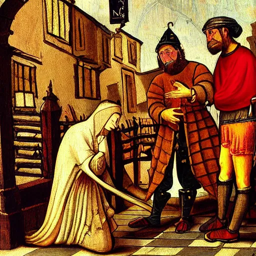 Image similar to a medival painting of a begger begging with a rich man on the streets of a medival town.