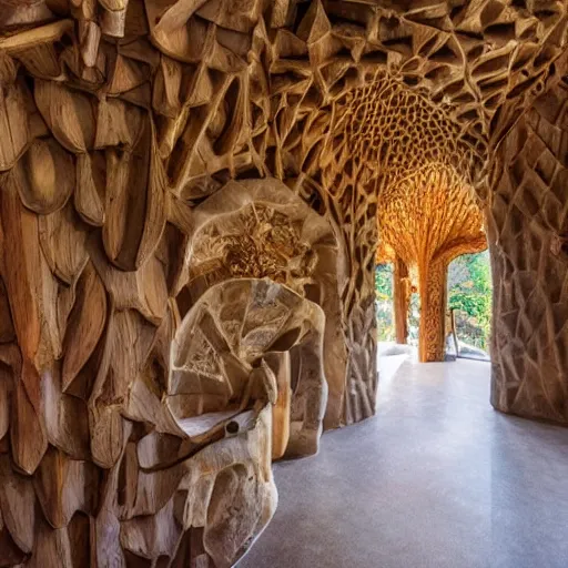 Prompt: casa de madera pequena - cupulas - cristal - foto profesionales - interior - estilo gaudi - cinematografico