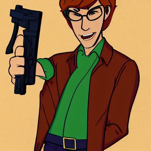 Prompt: Scooby Doo holding a gun by stephen Bliss, no text, no text, trending on artstation