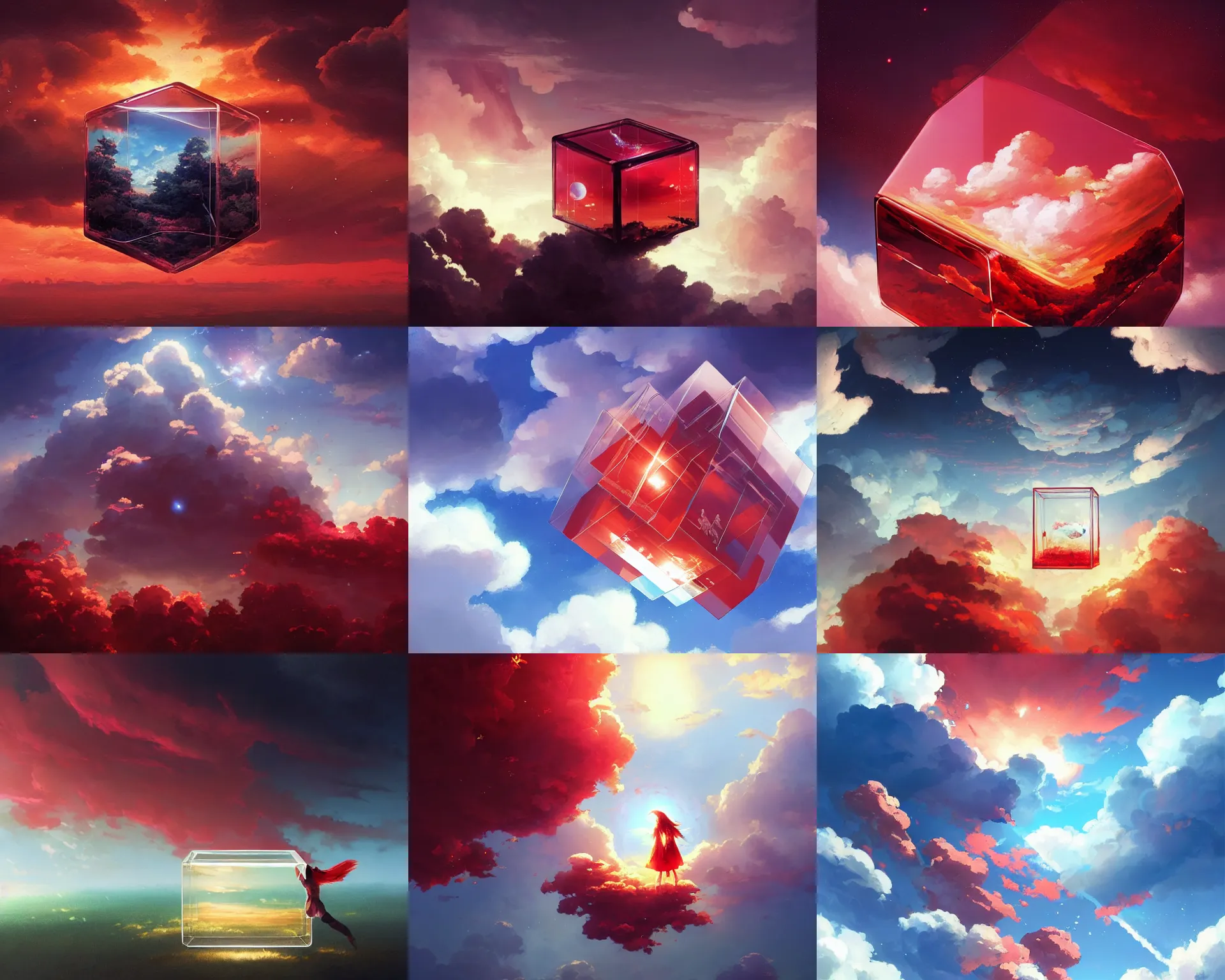 Prompt: heavenly transparent glass cube with clouds, magnificent, red color scheme, close up, details, sharp focus, elegant, highly detailed, illustration, by Jordan Grimmer and greg rutkowski and PiNe(パイネ) and 薯子Imoko and 香川悠作 and wlop and maya takamura, intricate, beautiful, Trending artstation, pixiv, digital Art