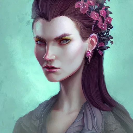Prompt: character concept portrait of a stoic and proud woman with pale face, flowerpunk, intricate, elegant, digital painting, fantasy, smooth, sharp focus,