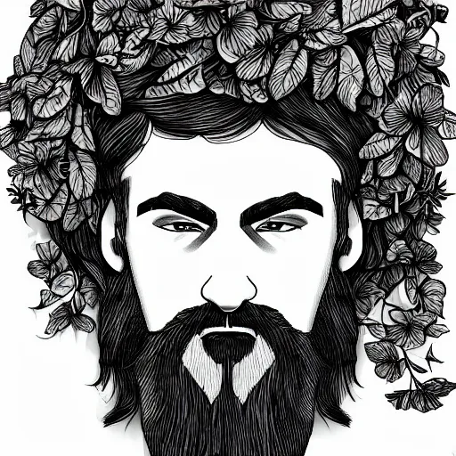 Prompt: huge male druid gray face pointy ears long beard with vines as hair hibiscus flowers detailed drawing