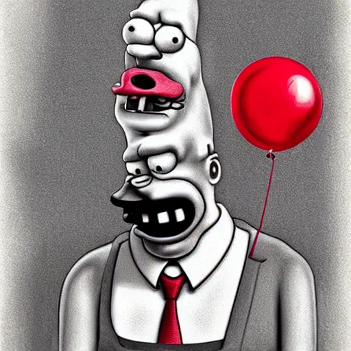 Prompt: surrealism grunge cartoon portrait sketch of homer simpson with a wide smile and a red balloon by - michael karcz, loony toons style, pennywise style, horror theme, detailed, elegant, intricate